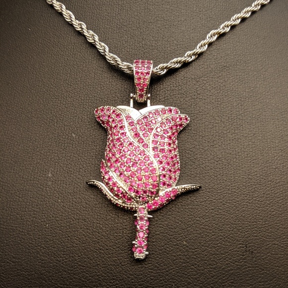 🖤 24" x 3mm Rope Chain + Red Rose Pendant - Picture 8 of 8